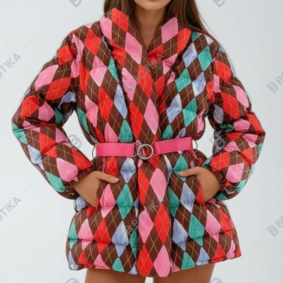 $451 RACHEL ANTONOFF argyle plaid belted puffer jacket S - Picture 5 of 11